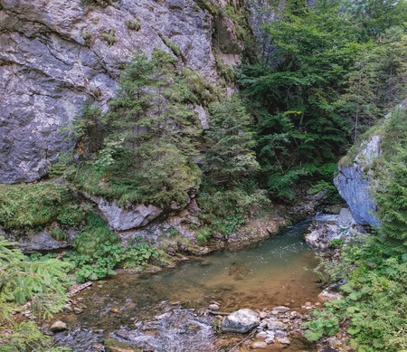 Small waterfall in the Bicaz Gorge, Cheile Bicazului-Hasmas National Park of Romaniaの写真素材