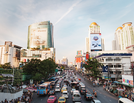 Bangkok, Thailand - January 10, 2016: Aerial view of Ratchadamri Road with traffic jams, where the Central World Shopping Plaza is located. It is the sixth largest shopping complex in the worldのeditorial素材