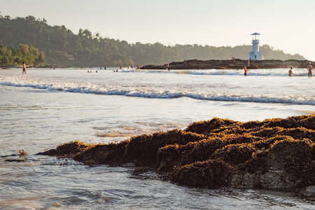 Lighthouse on the horizon, the waters of the Andaman sea under the bright rays of the sun, Nang Thong Beach, Khao Lak, Thailand. View of calm sea with protruding stones and vacationers.の写真素材