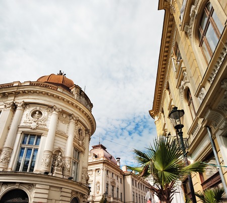 Historical center of Bucharest with its beautiful architecture on Stavropoleos Street, Romania.の写真素材