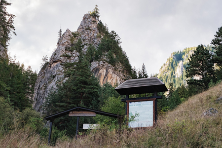 Bicaz Gorge, Romania - September 6, 2017: The brief for tourists in Romanian in nature reserve Cheile Sugaului. Cliffs and pine forest at the Bicaz Gorge in Carpathians, Romaniaのeditorial素材