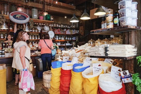 Athens, Greece - September 22, 2017: Delicious spices, herbs, cereals and traditional Greek specialities can be bought at the shop on Evripidou Street. Commercial centre of Athens.のeditorial素材
