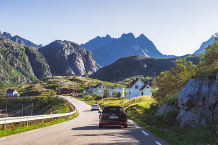 Lofoten, Norway - July 28, 2018: Molnarodden is the small fishing village between Ballstad and Moskenes in the heart of Lofoten. View from route E 10 which is part of the International E-road networkのeditorial素材
