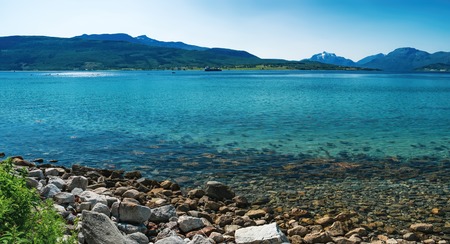 Norwegian sea bay in summer scenery. View of Tjeldsundet strait from Hinnoya island in Northern Norway.の写真素材