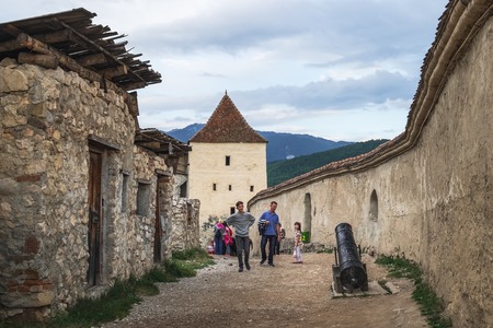 Bran, Romania - September 7, 2017: Panoramic view of the inner courtyard of the Rasnov Fortress with tourists, Rasnov city, Brasov county, Romaniaのeditorial素材