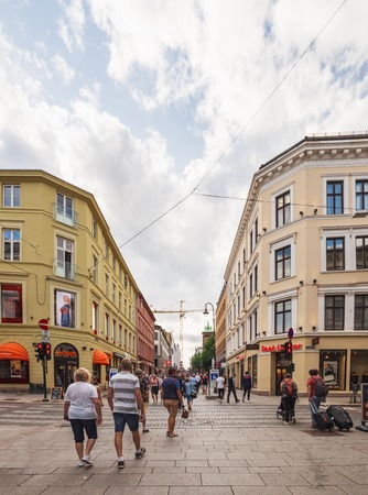 Oslo, Norway - August 3, 2018: Skippergata Street is the famous public place with its beautiful architecture in downtown Oslo, Norway.のeditorial素材