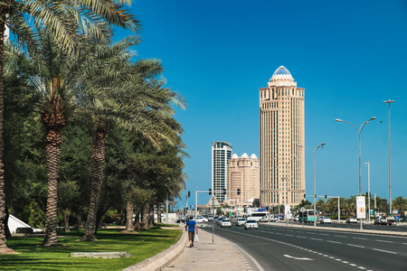 Doha, Qatar - March 3, 2018: Scenic view of Crossroad of the Al Corniche Street and Al Funduq...