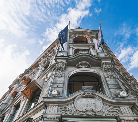Oslo, Norway - August 3, 2018: Karl Johan Hotel is situated next to the Parliament and Karl Johans gate, the main street of the city of Oslo, Norway. Historical center of Oslo with its beautiful architectureのeditorial素材