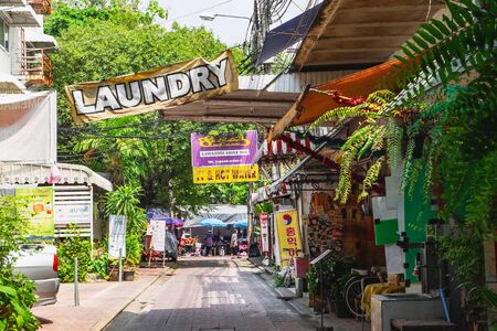 Bangkok, Thailand - February 28, 2018: View of Rambuttri Alley, a popular food street close to Khaosan road and famous district for back packer and budget tourist.のeditorial素材
