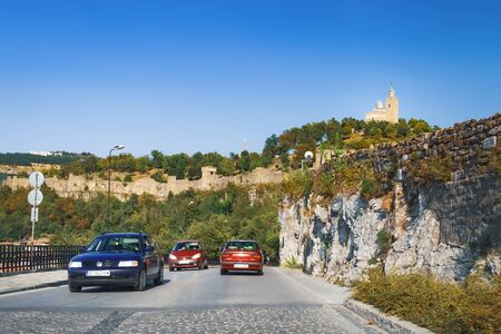 Veliko Tarnovo, Bulgaria - September 10, 2017: Tourists walk down the old street leading to the Patriarchal Cathedral on the top of Tsarevets hill in Veliko Tarnovo, Bulgariaのeditorial素材