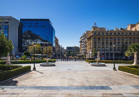 Athens, Greece - September 22, 2017: View of the square and Omonoia Street from the stairs of the National and Kapodistrian University of Athens, Athens, Greeceのeditorial素材