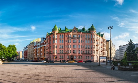 Beautiful architecture in Agricolankatu Street, Kallio district -historical center of Helsinki, Finland. Sunset timeの写真素材