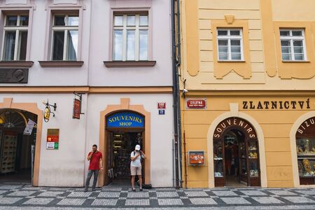 Prague, Czech Republic - August 16, 2018: Souvenirs for tourists shopping in souvenir shop at Celetna Street near the Staromestske namesti, the Old Town Square in Pragueのeditorial素材