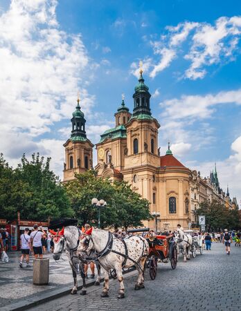 Prague, Czech Republic - August 16, 2018: Horse Carriage waiting for tourists at Staromestske namesti, the Old Town Square in Pragueのeditorial素材