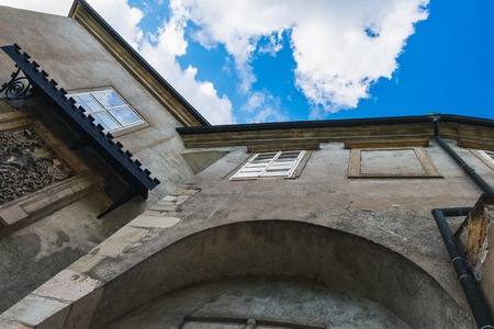 Bottom view of the walls of medieval Krivoklat Castle in Bohemia, Czech Republic. It is royal castle...