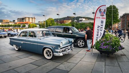Bergen, Norway - August 1, 2018: Vintage American Car show on the Festplassen square in Bergen, Norway. Event organized by Bergen AmCar Club for inhabitants of the city and touristsのeditorial素材