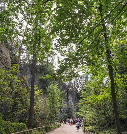Adrspach, Czech Republic - August 16, 2018: Tourists visit and enjoy views of famous sandstone rock towers of Adrspach and Teplice Rocks , Adrspach National Park in Czech Republicのeditorial素材