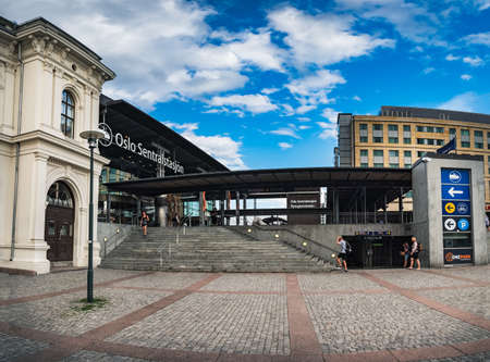 Oslo, Norway - August 3, 2018: The main entrance to the Oslo Central Railway Station in Norway. The...