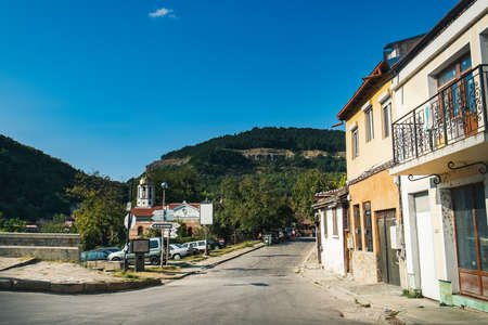 Veliko Tarnovo, Bulgaria - September 10, 2017: Veliko Tarnovo old street with traditional houses in Bulgaria. Typical Bulgarian town in Eastern Europeのeditorial素材