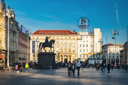 Zagreb, Croatia - September 29, 2019: People visit Ban Jelacic Square, Croatian main central Zagreb...