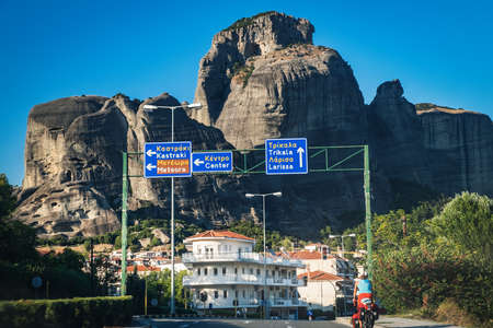 Kalambaka, Greece - September 14, 2017: Street view of Kalambaka Town and Meteora mountains, cityscape in Trikala municipality, Greece. Motion blurのeditorial素材
