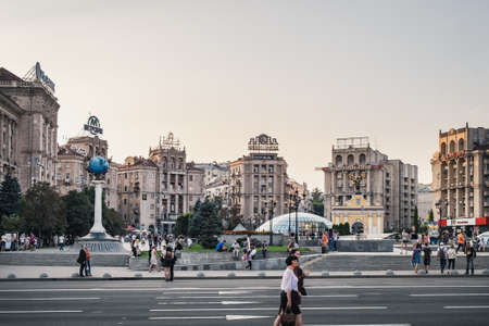 Kiev, Ukraine - September 11, 2016: Maidan Nezalezhnosti, Independence Square at weekend in Kiev. People relax, walk with the kids, visiting cafes, restaurants and shops at sunset timeのeditorial素材