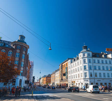 Copenhagen, Denmark - August 7, 2018: Norrebrogade Street with old beautiful architecture in historical center near Queen Louise Bridge and Peblinge Lake in central Copenhagen, Denmarkのeditorial素材