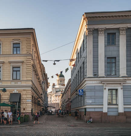 Helsinki, Finland - July 25, 2018: Pohjoisesplanadi Street with old beautiful architecture in historical center near waterfront, Helsinki, Finland. Helsinki Cathedral on backgroundのeditorial素材