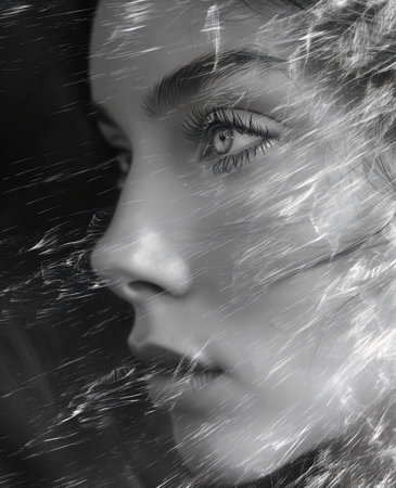 The face of a young sad woman in flashes of smoke in oblivionの素材