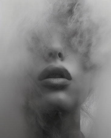 The face of a young sad woman in flashes of smoke in oblivionの素材