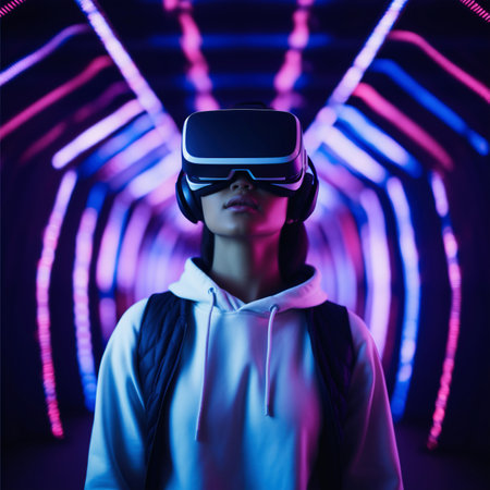 Portrait of a young woman wearing virtual reality glasses in neon future styleの素材