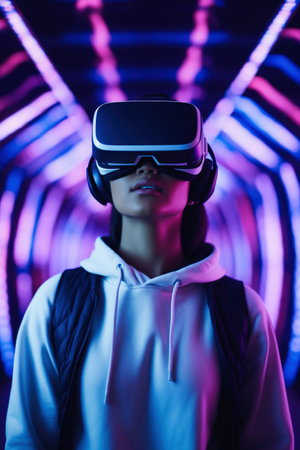 Portrait of a young woman wearing virtual reality glasses in neon future styleの素材