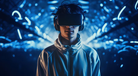 Portrait of a young man wearing virtual reality glasses in neon future styleの素材