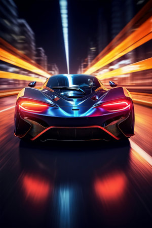 Sports car with colorful lights trails, captivating light effects at nightの素材