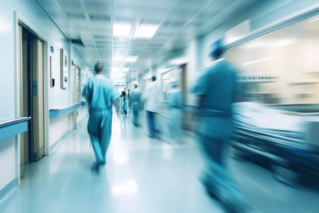 Long exposure blurred image of a medical facility with walking staff in blue and green uniformsの素材