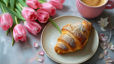 Greeting card with image of coffee, tulips and croissantの素材