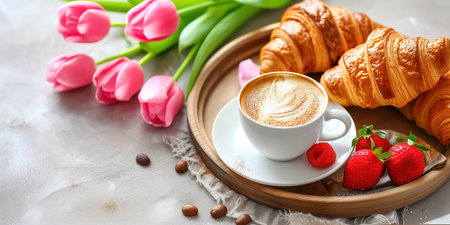 Greeting card with image of coffee, tulips and croissantの素材