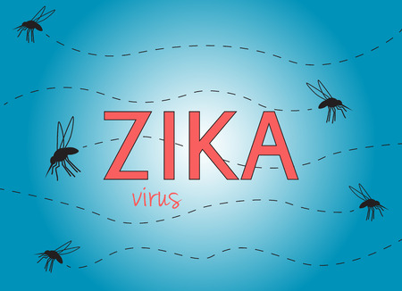 Zika virus illustration with text and flying mosquitoes on blue backgroundのイラスト素材