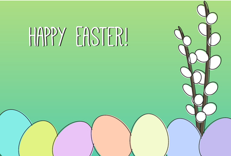 Easter card with catkins and colorful eggs on green backgroundのイラスト素材