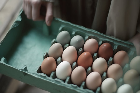 Eggs in a tray in the hands of a girl.の素材