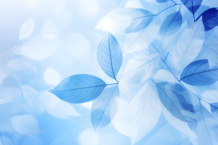 Blue background image, abstract, bright, shiny, beautiful, with faint shadows of glowing white leaves. It is a graphic illustration.の素材