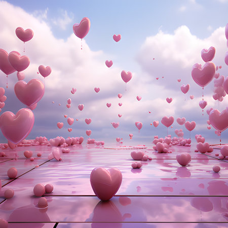 Many pink hearts floating in the sky and clouds. Pink raindrops. Pastel. 3d illustration.の素材