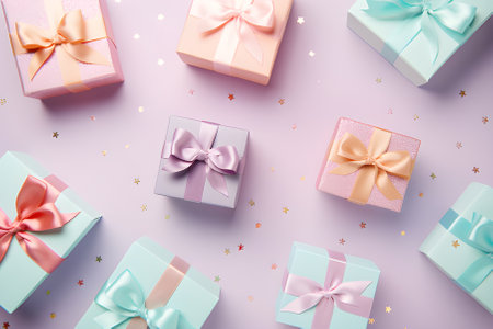 Cute gift boxes, brightly colored, various colors, placed on a cute, bright pastel background. top view photoの素材