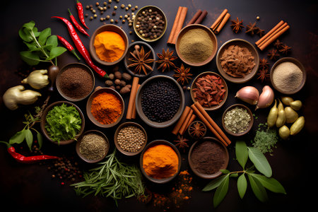 Set of assorted herbs and spices. Top view photography.の素材