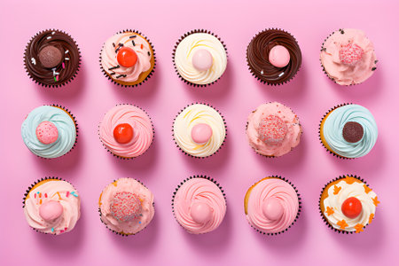Cupcakes in various colors on a pastel background.の素材