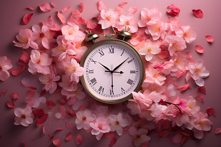 Alarm clock with pink flowers surrounding it On a pastel pink background, beautiful and lively.の素材