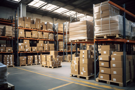 The warehouse has many boxes of merchandise placed on shelves in an orderly manner.の素材