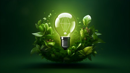 light bulb, tree leaves, green background Concept of conservation of nature, environment and energyの素材