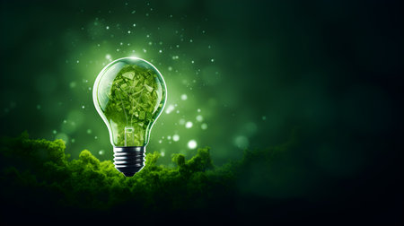 light bulb, tree leaves, green background Concept of conservation of nature, environment and energyの素材