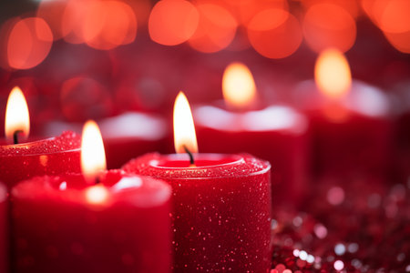 Background and Texture: Close-up of a burning red candle on a holiday or celebration. Bright, beautiful, lively.の素材
